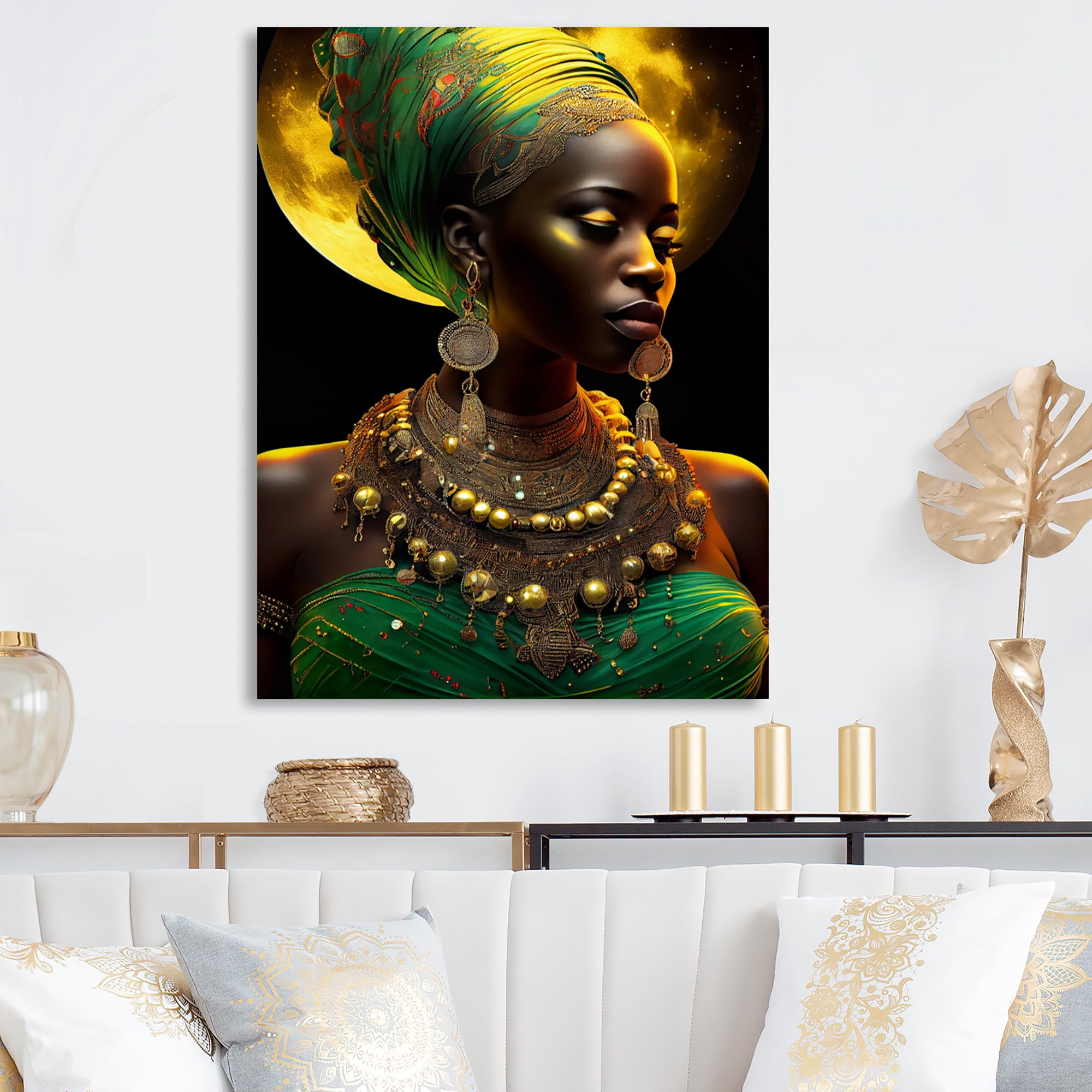 Designart Emerald Queen African Woman Under Moon III Canvas Wall Art