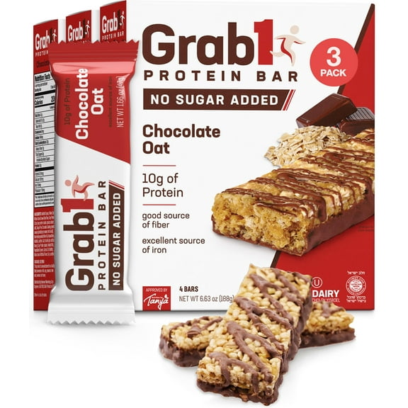 Grab1 Sugar Free Protein Bars, Chocolate Oat (3 Pack- 12 Bars) | Delicious and Nutritious | Low Calorie | Only 1g Sugar