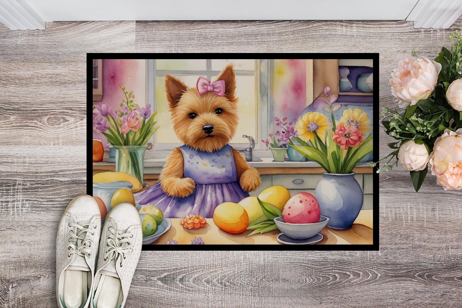 Decorating Easter Yorkshire Terrier Doormat