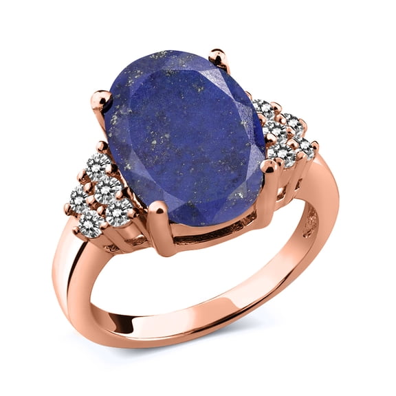 Gem Stone King 4.33 Ct Oval Blue Lapis White Diamond 18K Rose Gold Plated Silver Ring (Size 7)