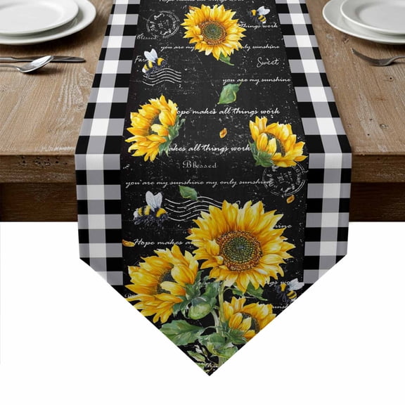 Yellow Sunflower Table Runner Linen Burlap Table Runner 72 Inches Long Black Farm Oil Painting Retro Art Dresser Scarves for Kitchen Island Coffee Dining Room Party Wedding Holiday Decoration 16"x72"