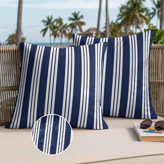 Navy Blue Striped Outdoor Waterproof Throw Pillow Covers Set of 2, 26"x26", Modern Classic Stripes Rustic Country Farmhouse Decorative Pillow Covers Outside Cushion Case for Patio Porch Garden