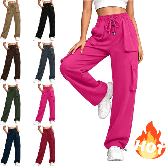 Mifsaly Quick Dry Pants Women Drawstring Elastic Waist Cargo Pants with Multi Pockets Lightweight Athletic Outdoor Hiking Joggers Hot Pink,L