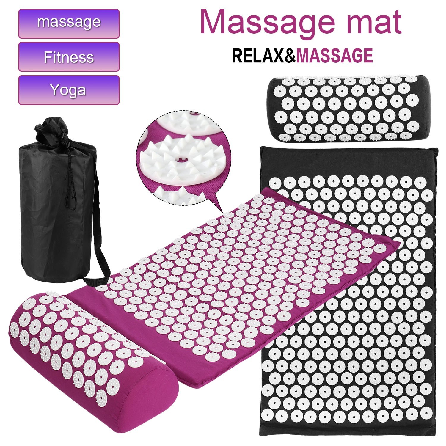 GYZEE Massage Acupressure Mat Yoga Shakti Sit Lying Mat Pain Stress Soreness Relax U, Purple