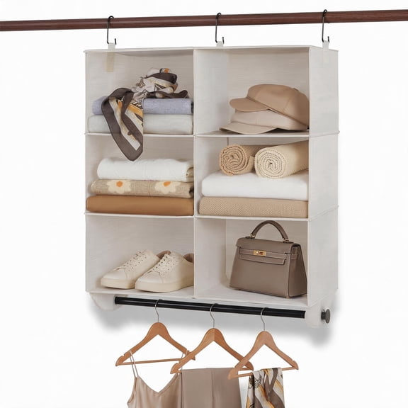 StorageWorks Hanging Closet Organizer with Metal Rod, 6-Section Collapsible Horizontal Hanging Shelves, Ivory and White