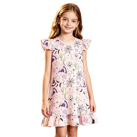 Vrotazzy Girls Themed Sleeved Nightgown Dress Holiday Casual Flutter Sleeve Blend Soft Party Wear Summer Sleepwear for Toddler Kid