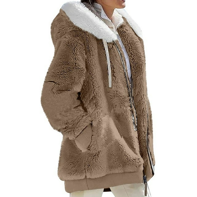 MAWCLOS Ladies Thickened Solid Color Hooded Cardigan Winter With Pockets Sherpa Coat Khaki M