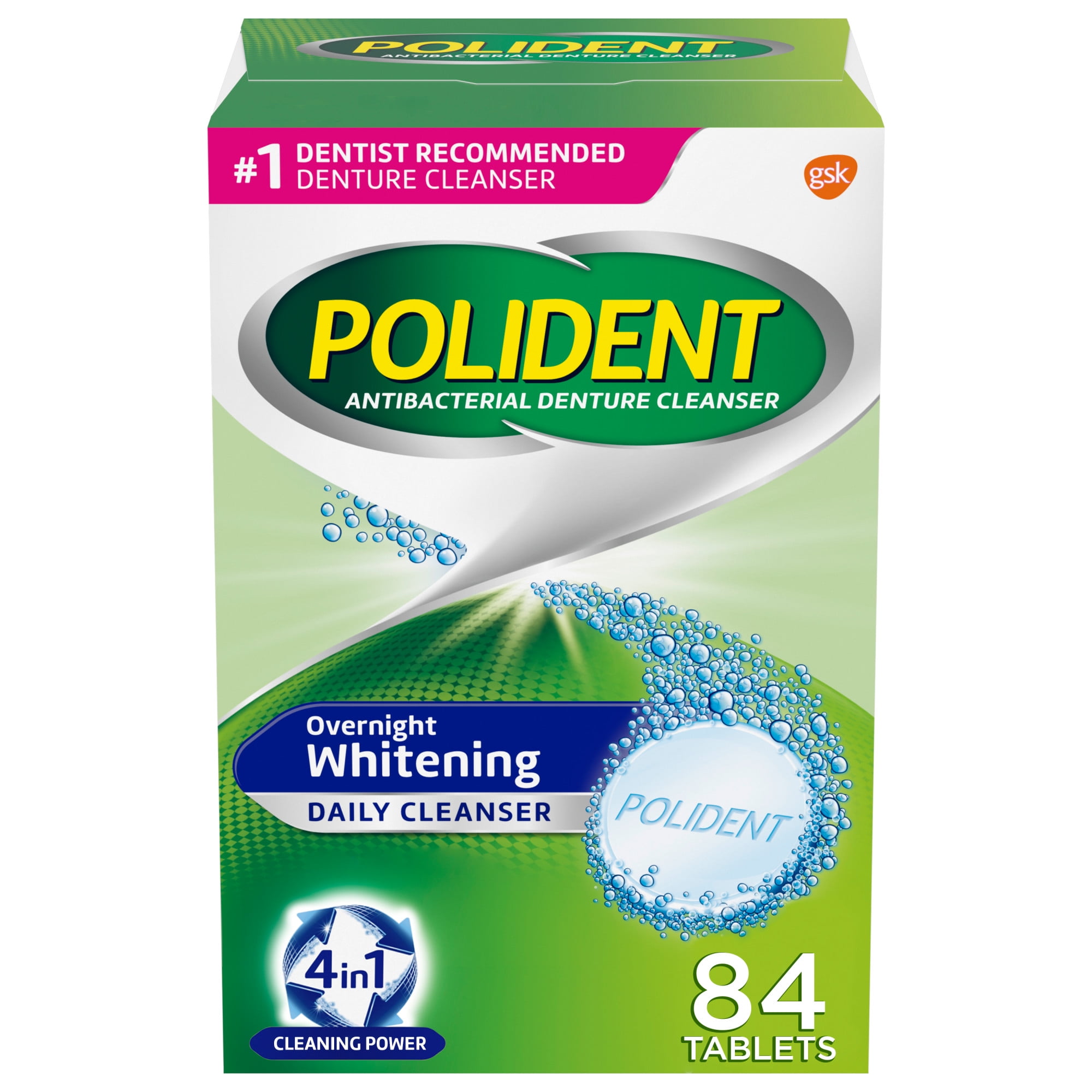 Polident Overnight Whitening Antibacterial Denture Cleanser Tablets, 84 Count