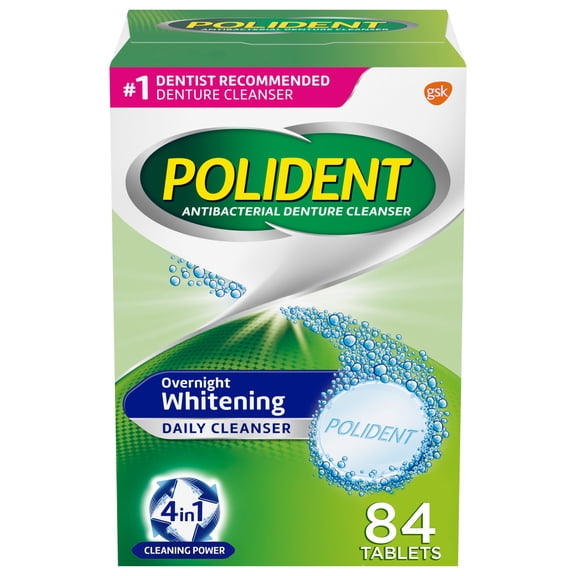 Polident Overnight Whitening Denture Cleanser Tablets - 84 Count, for Adults