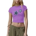 thumbnail image 1 of TSADFHJI Hauts Femmes Manches Longues Mode Décontractée Imprimé Col Rond Manches Courtes Hauts Ajustés T-Shirts TTG Violet, 1 of 4