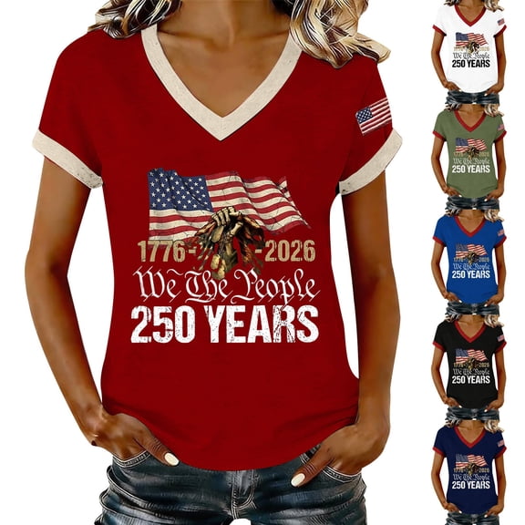 YVNAURA Women's Patriotic 250th Anniversary T Shirt V Neck USA Flag Graphic 1776-2026 Tee Semiquincentennial Family Heritage Keepsake Gift for Mom Wife Grandmother 4th of July, Red, L
