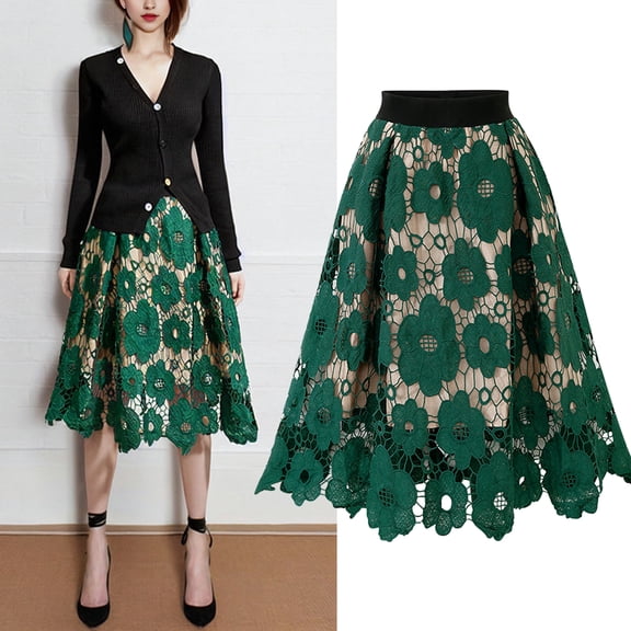 Joernso Women Skirt High Elastic Waist Hollow Out Floral Lace A-line Big Swing Double-layered Mid-calf Length Lady Commute Party Midi Skirt