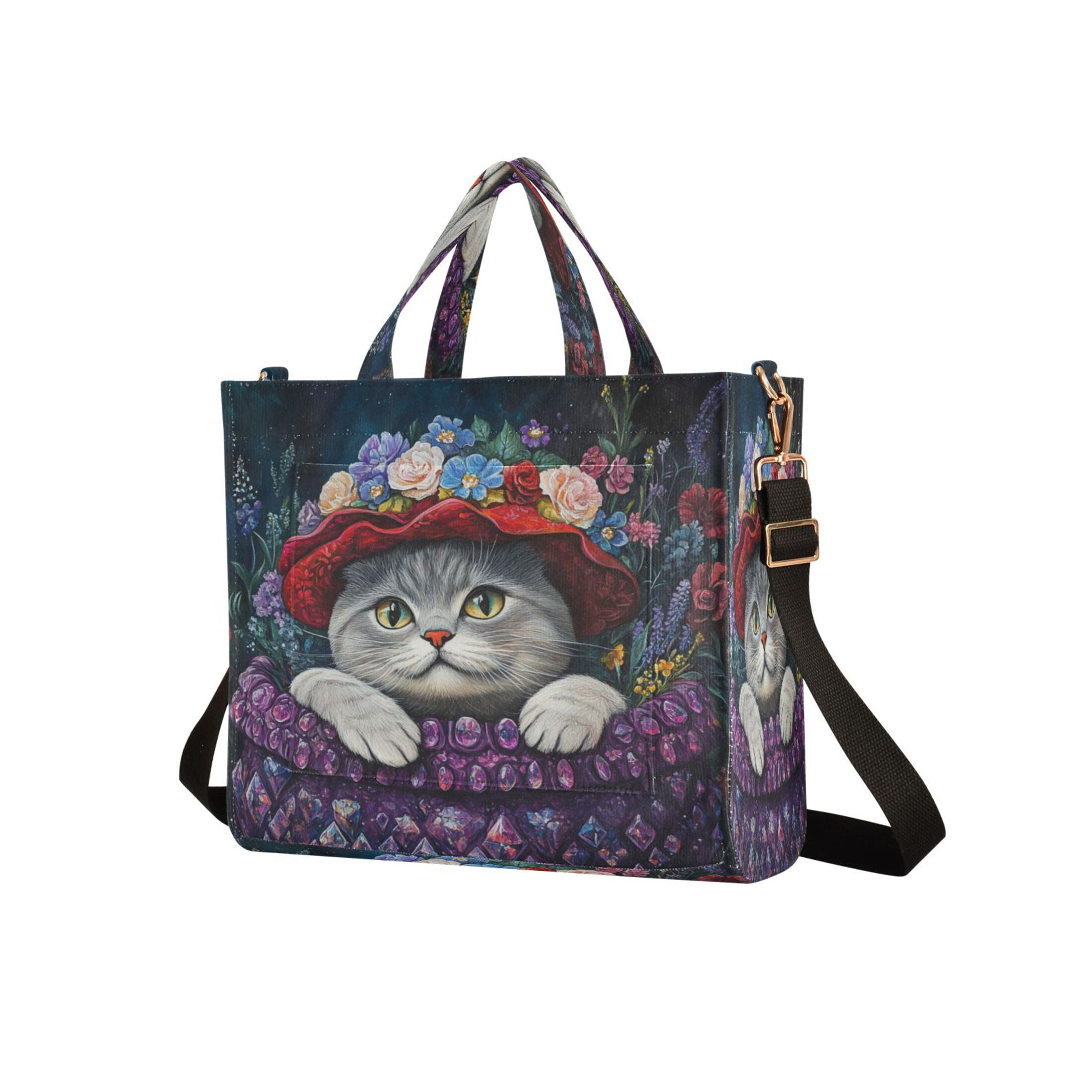 Wobogo Cute Cat Wearing Wreath Corduroy Tote Bag for Women Travel Crossbody Bag Purse Women Shoulder Bags Work Handbags Daily Commuter Bag 10.2×9inch