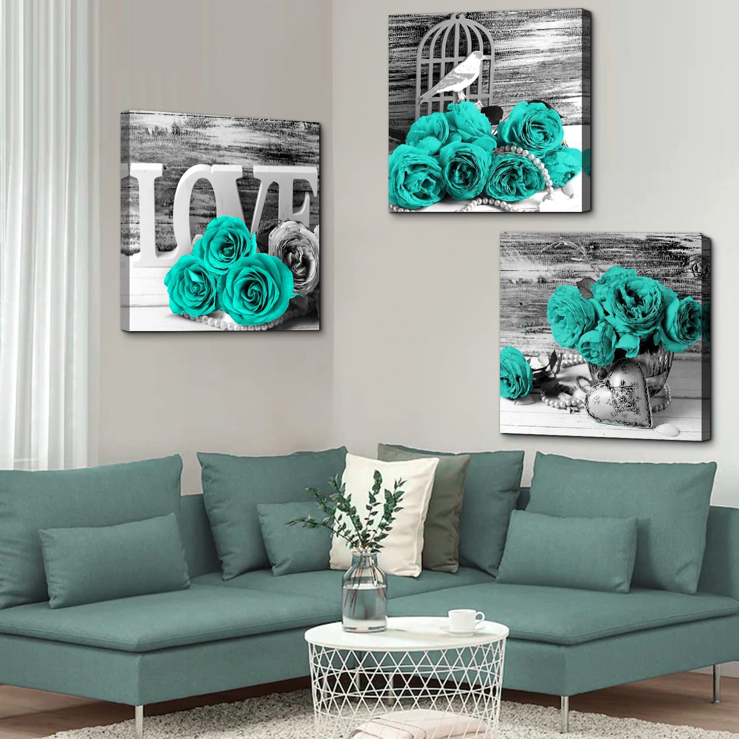 Teal Floral Wall Art for Bedroom Turquoise Rose Wall Decor Black and White Canvas  Prints 20 x 20