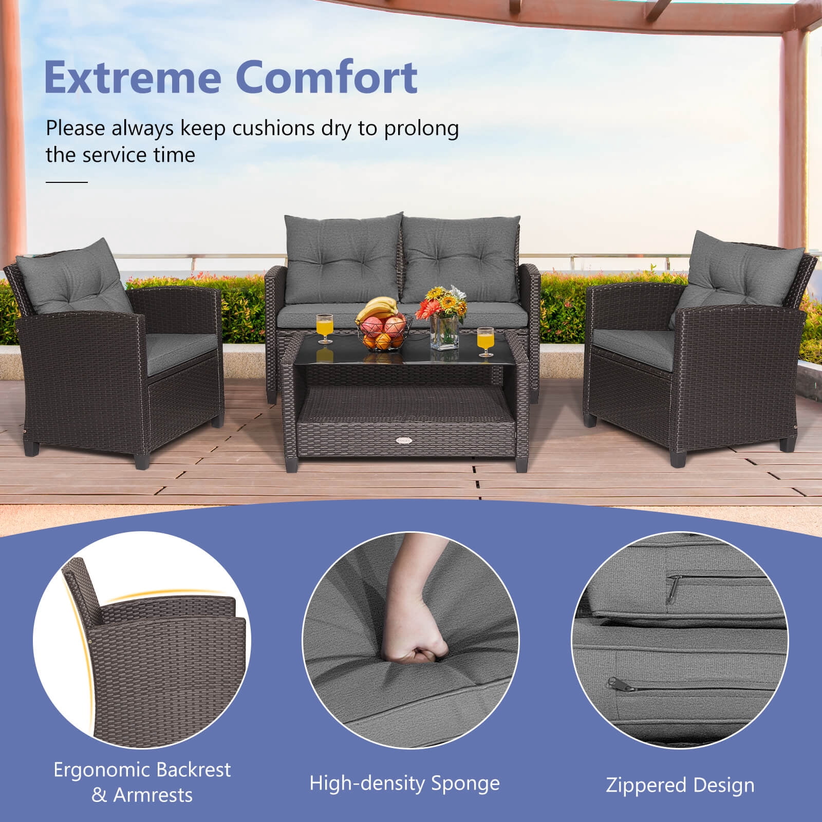 Costway 8 PCS Patio Rattan Furniture Set Glass Table Shelf Sofa Cushion Gray