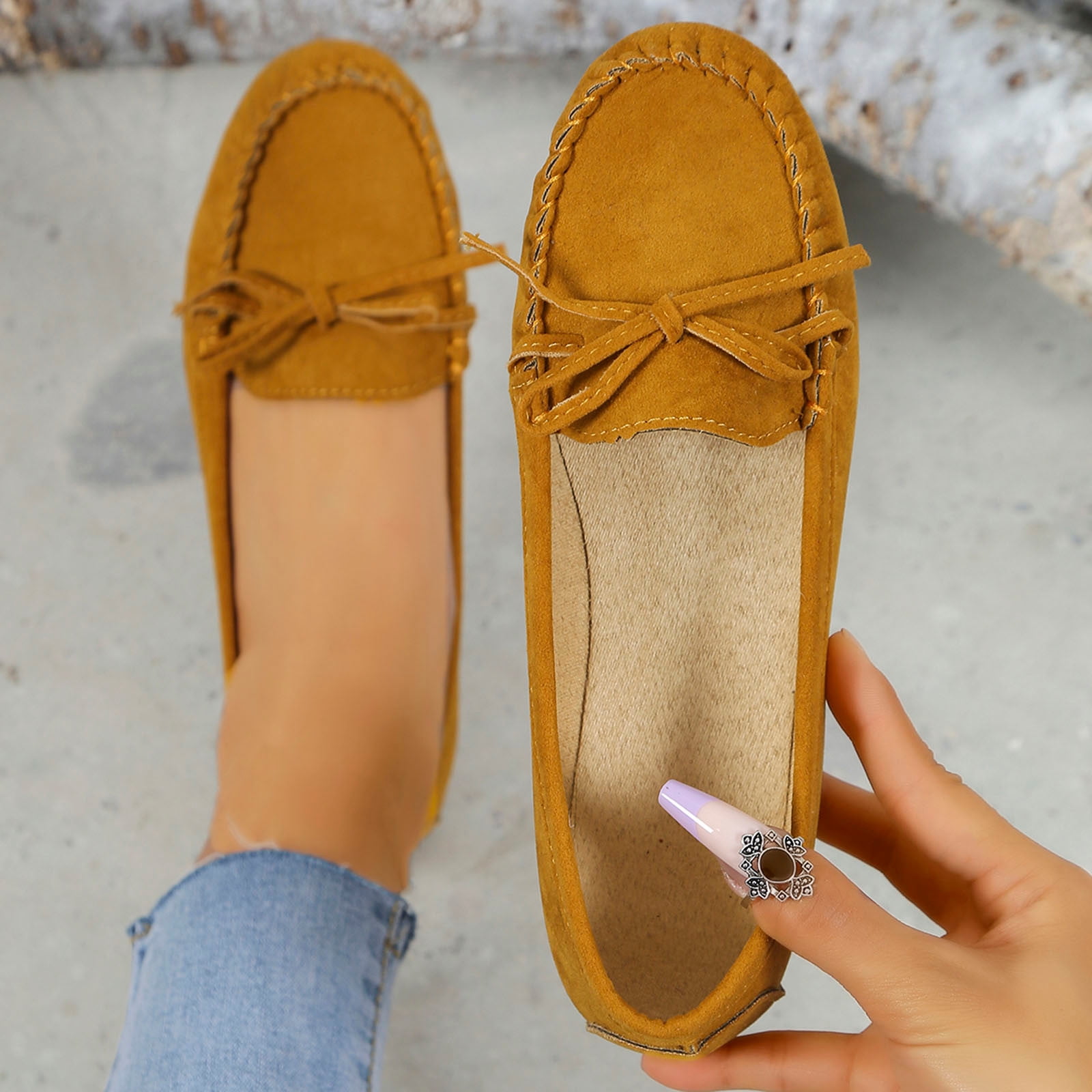 Hinvhai Women's Suede Leather Casual Penny Loafers Clearance,Retro Ladies Moccasins Comfort Non Slip Fashion Boat Shoes Classic Flats Brown 8.5(41)