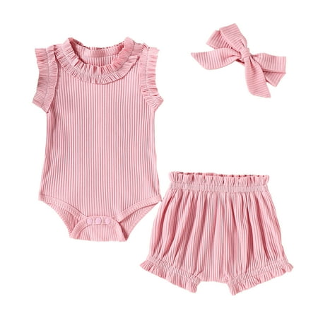 

DNDKILG Infant Baby Toddler Girls 3 Piece Summer Short Sleeve Ruffle Bodysuit and Shorts Set Clothes Set Outfits with Headband Pink 3M-18M 90/6-9M