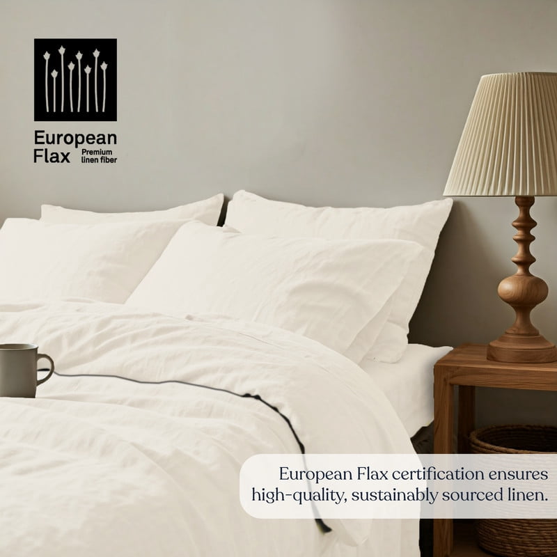 Delara 100% European Flax Linen Duvet Cover Set, Twin, 2-Piece with 1 Standard Sham, Ultra Soft, Breathable, 8 Internal Ties, Ivory