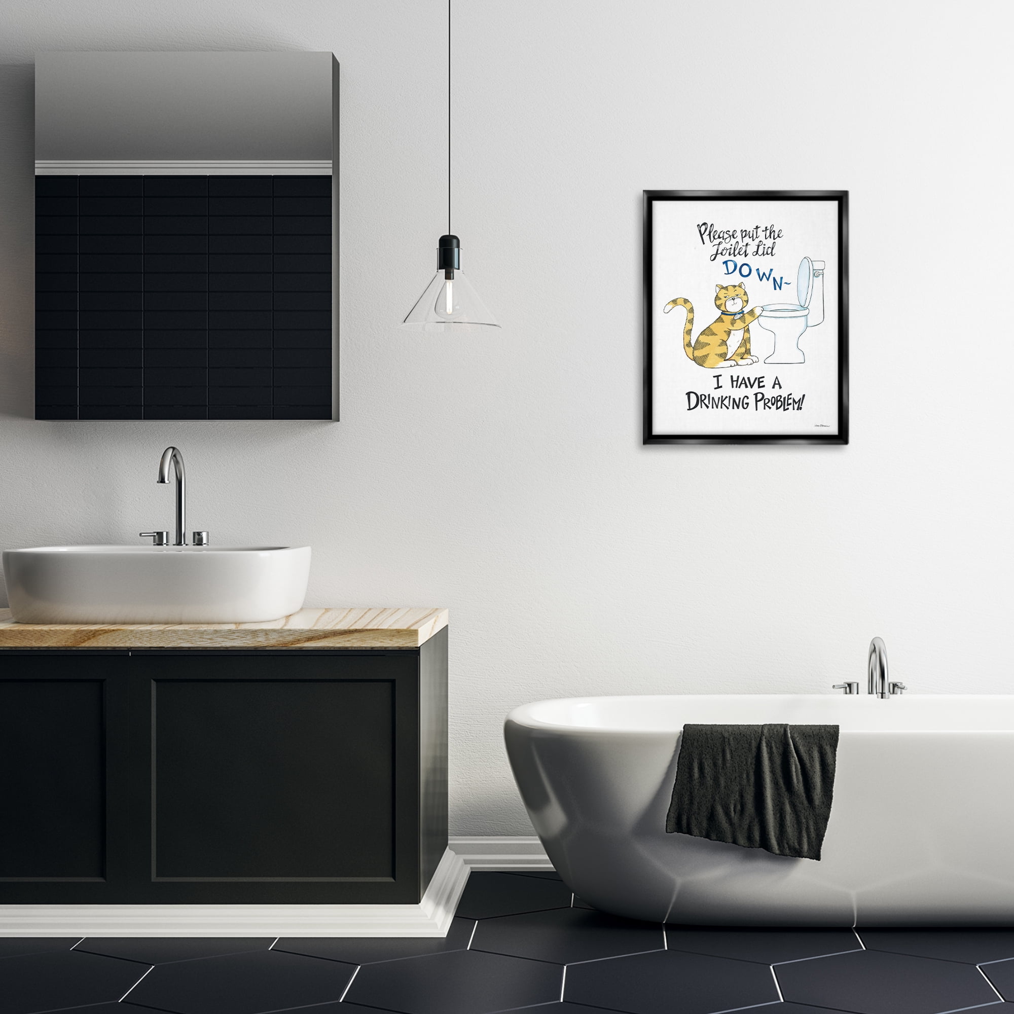 Stupell Industries Funny Cat & Toilet Animals Painting Black Floater Framed Canvas Art Print Wall Art, 17 x 21