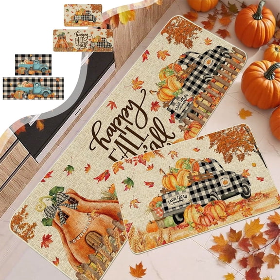 PALIFEUR Fall Kitchen Rugs Set of 2, Non Slip Washable Fall Decor Pumpkin Maple Leaf Kitchen Mats for Floor, Soft Thick Halloween Rug Thanksgiving Mat for Home Holiday Party Halloween Decoration