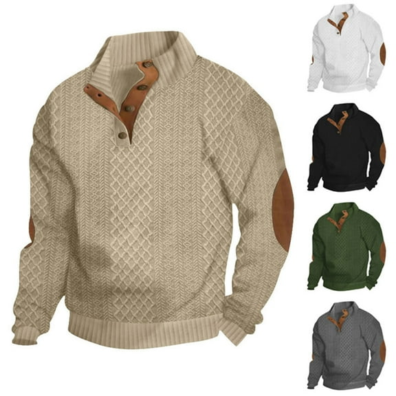 Momasggi Quater Button Sweatshirt for Men Casual Stand Collar Pullover Tops Fashion Textured Sweatshirt Fall Winter Long Sleeve Sweatshirts with Elbow Patches White XL