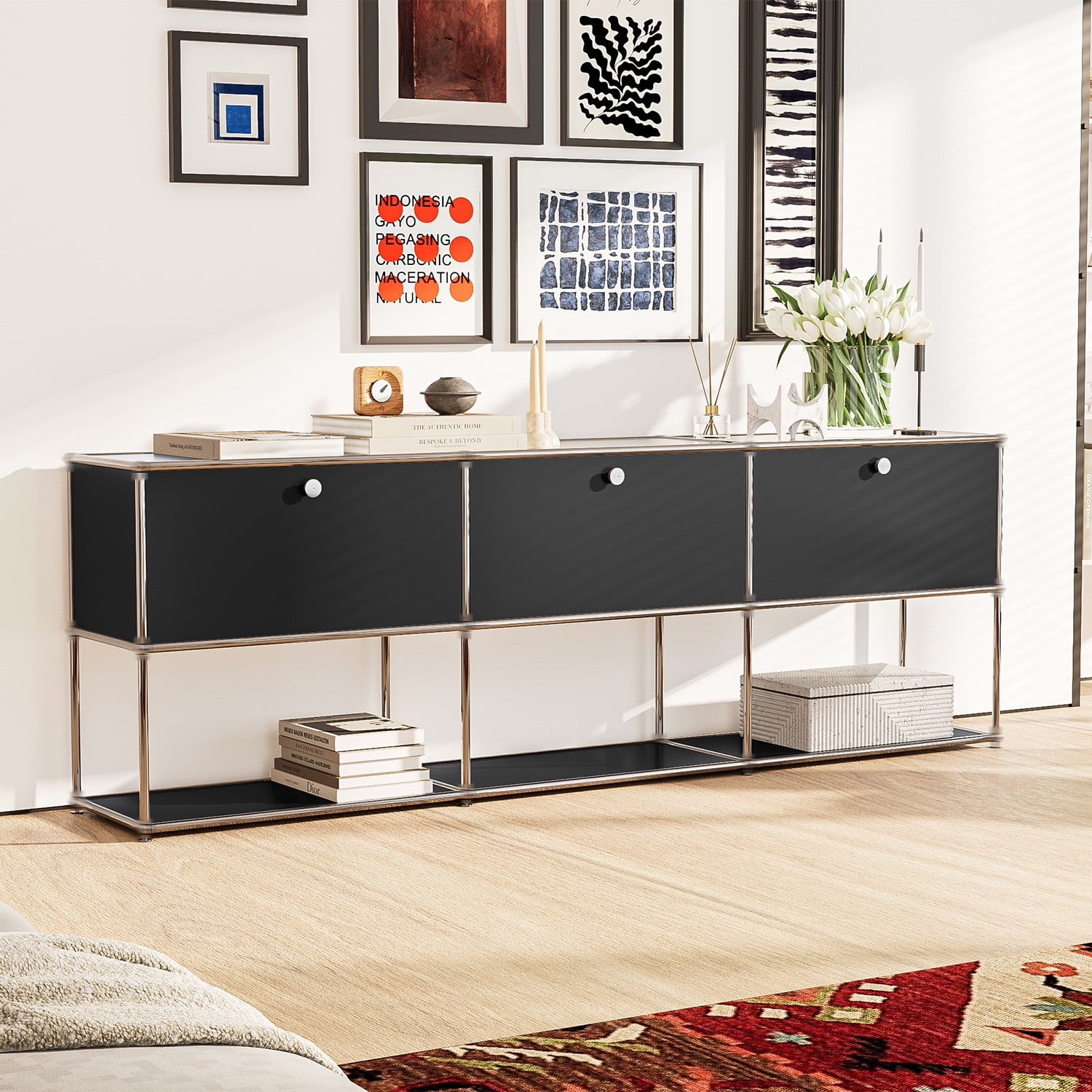 Modern TV Stand for 65-70" TV, Metal Entertainment Center TV Media Console Table with 3 Doors and Shelf, Black