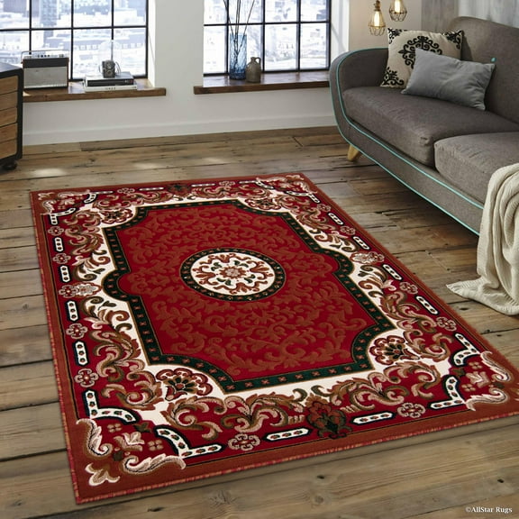 Allstar 8x10 Traditional Area Rug in Red with Ivory Mandala Tibetan design (7' 9" x 10' 1")