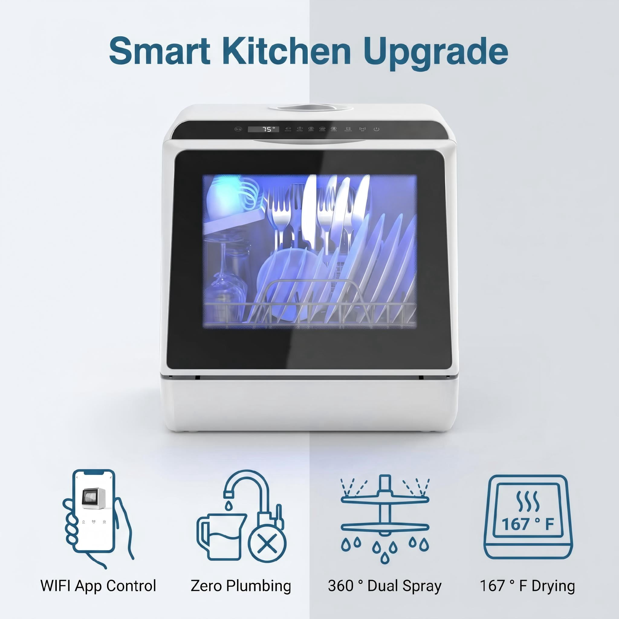 FUNGQI WIFI Smart Portable Countertop Dishwasher with 5L Built-in Water Tank, 4-6 Place Settings Compact Tabletop Washer, 360° Dual Spray, App & Touch Control, 167°F High-Temp Drying