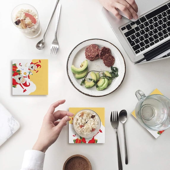 FMSHPON Merry Christmas Santa Claus Set of 8 Coaster for Drinks, Absorbent Ceramic Stone Coasters Cup Mat with Cork Base for Home Kitchen Room Coffee Table Bar Decor