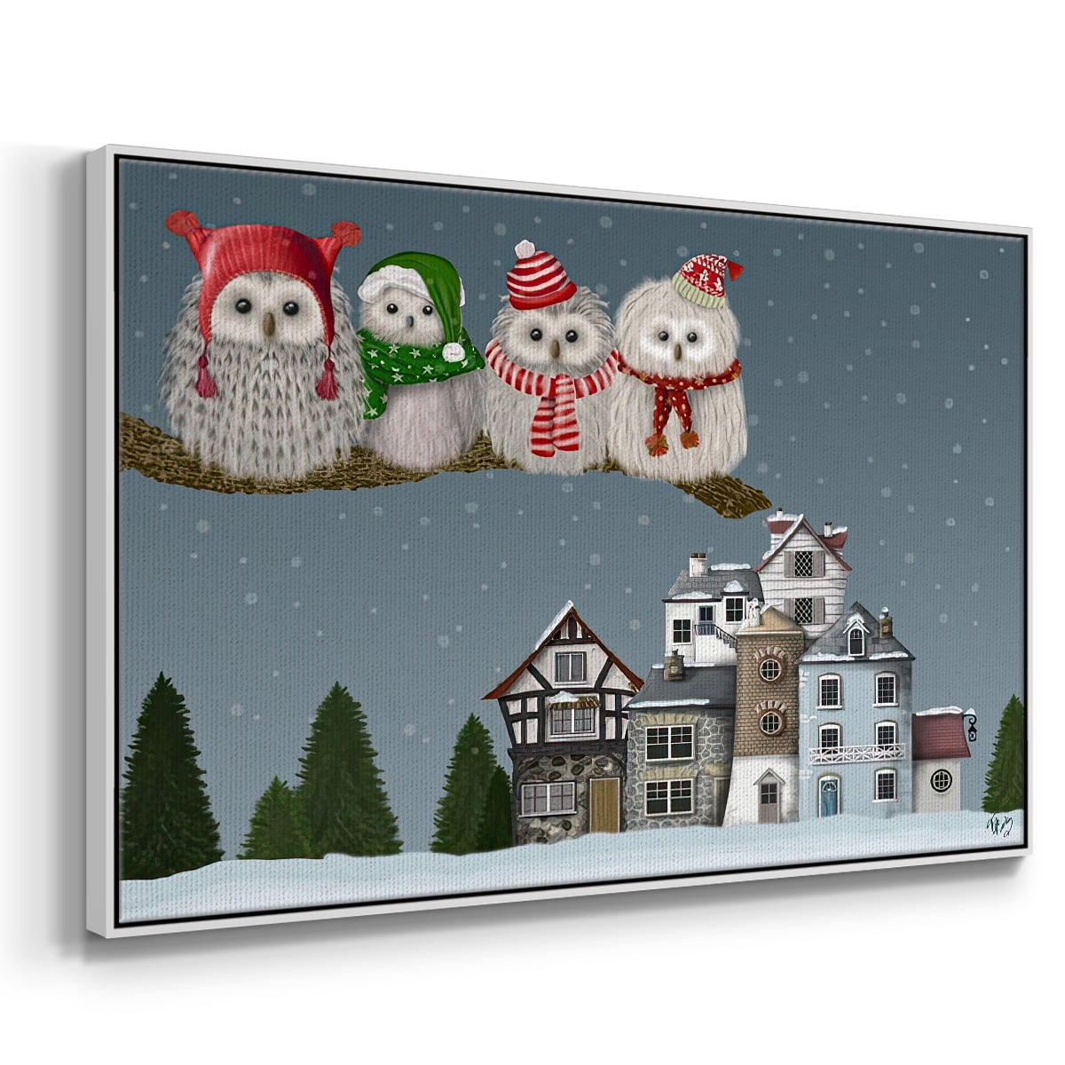 Christmas Christmas Owl Village - Framed Gallery Wrapped Holiday Canvas - 25 x 37 - White Frame