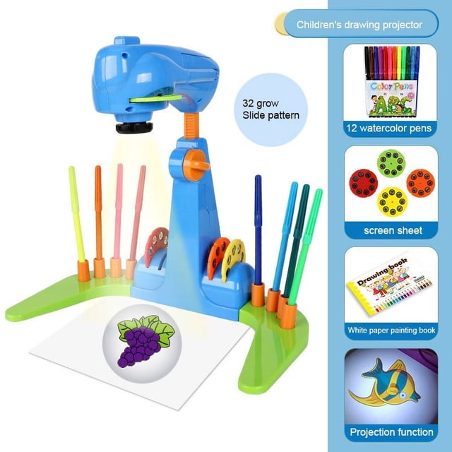 Yimiti Children'S Drawing Projector: 32 Cartoon Slides & 12 Color Brushes For Creative,Blue