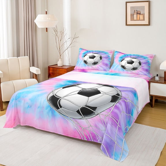 Feelyou Tie Dye Football Bed Sheets for Kids, Watercolor Soccer Sport Full Size Sheets, Pink Purple, 4 Pieces, 1 Flat Sheet, 1 Fitted Sheet and 2 Pillowcases