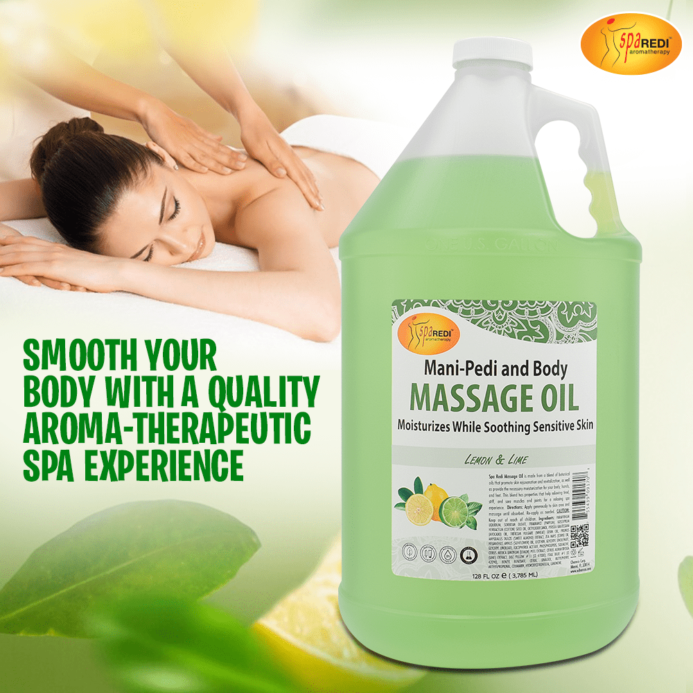 SPA REDI - Massage Oil, Lemon and Lime, 128 Oz - Professional Pedicure, Manicure, Full Body Massage Therapy, with Almond Oil, Cotton Seed Oil, Sunflower Oil, Avocado Oil, Essential Oils, Vitamin E