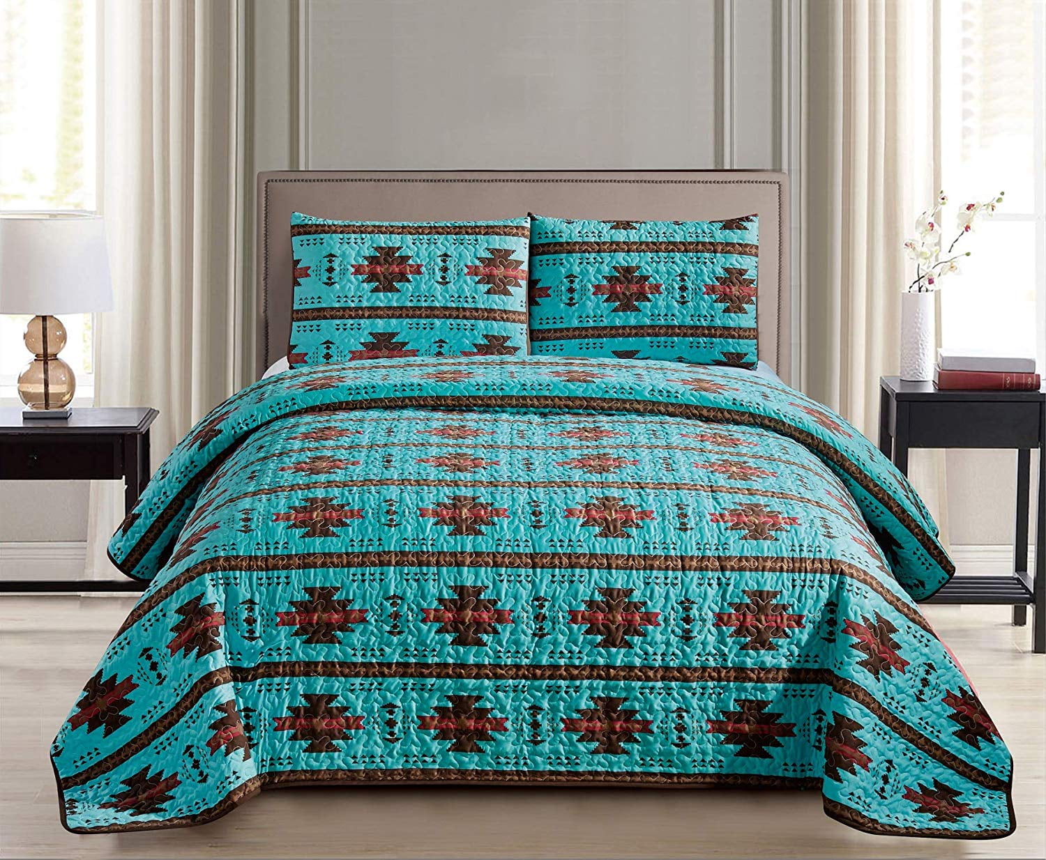 Southwest Teal/Burgundy/Brown Print Bedspread 2 Piece Design Microfiber