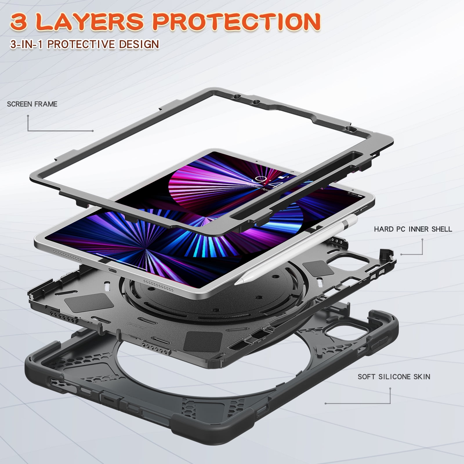 Shockproof Case for Apple iPad Air 11 M4 M3 M2 2026/2025/2024, Heavy Duty Protective Handle Kickstand Anti-Scratch Kids Friendly [Shoulder Strap] Pencil Holder Tablet Cover, Black