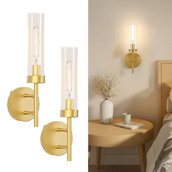 Set of 2 Gold Modern Wall Sconces, Bathroom Vanity Lighting Fixtures Clear Shade, Wall Light for Mirror Living Room Hallway Bedroom