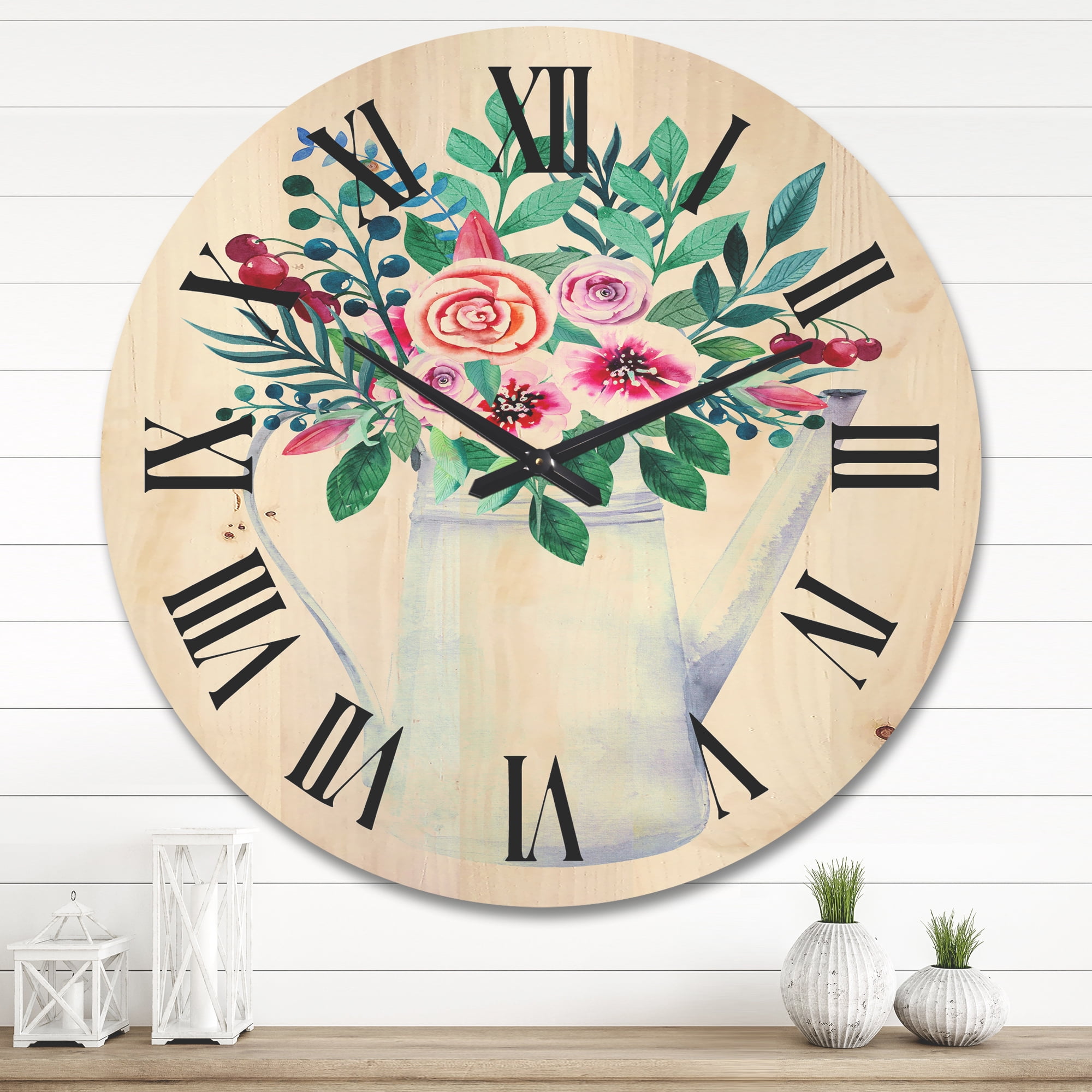 Designart 'Bouquets of Flowers In Rustic Flowering Pot With Berries' Traditional Wood Wall Clock