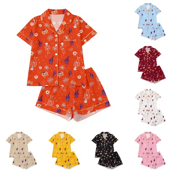 JAJAHO Kids Girls Halloween Pajama Set Skeleton Print Short Sleeve Lapel Button‑Down Top And Shorts Sleepwear 2 Piece Pjs 3-14Y