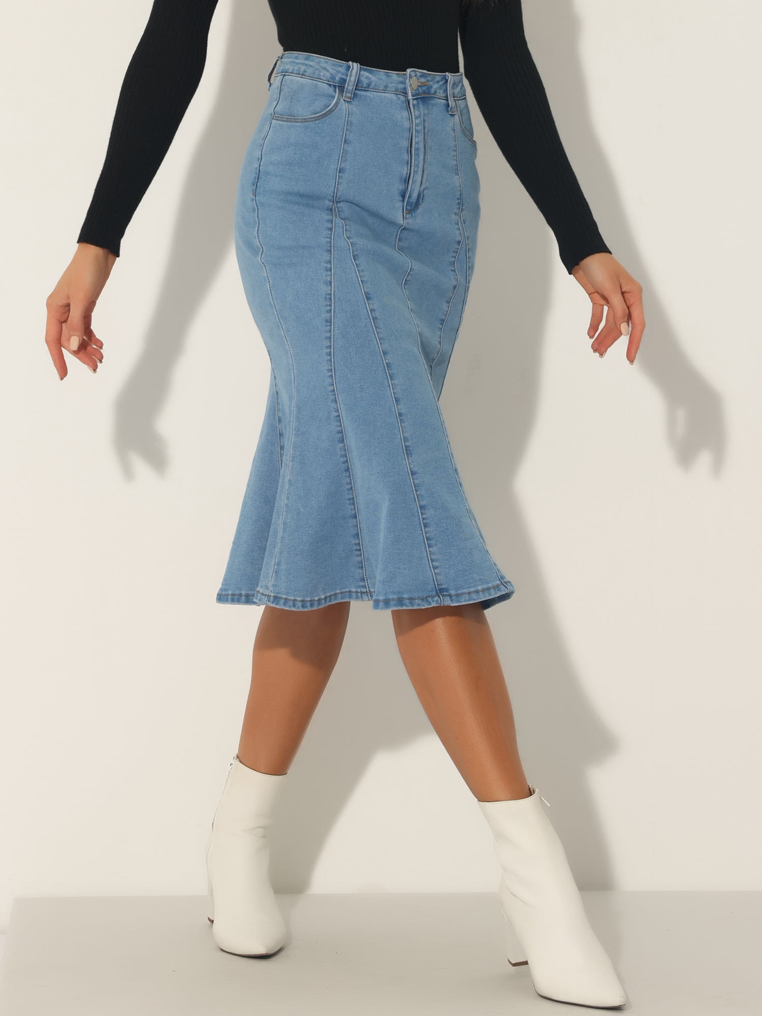 DARING DIVA Women's Denim Ruffle Fishtail Bodycon Midi Skirts L Light Blue