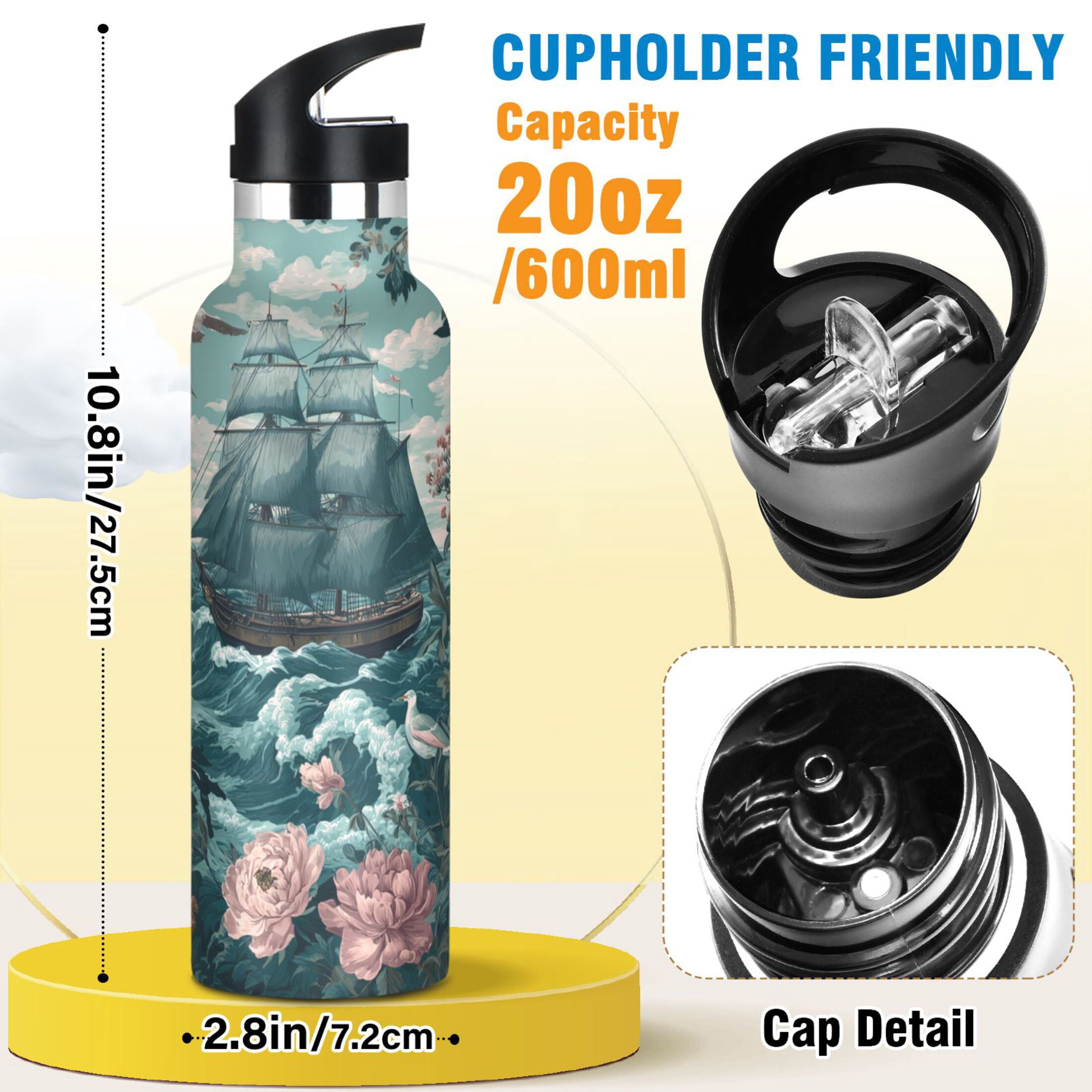 Kids Insulated Stainless Steel Sports Water Bottle 600ml (20oz) Elegant Nautical Scene