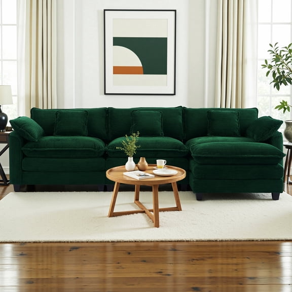 Gexpusm L-Shaped Sectional Sofa, 111" Corduroy Couch, 4 Seat Lounge Sleeper with Ottoman for Living Room ,Green