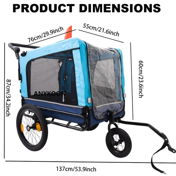 Anykoon 88 lbs Capacity 2-in-1 Bike Trailer & Push Cart for Pets - Detachable Bike Hitch & Push Handle Included - All-Terrain Wheels, Quick Release Wheel, Non-Slip Floor, Internal Leash, Blue
