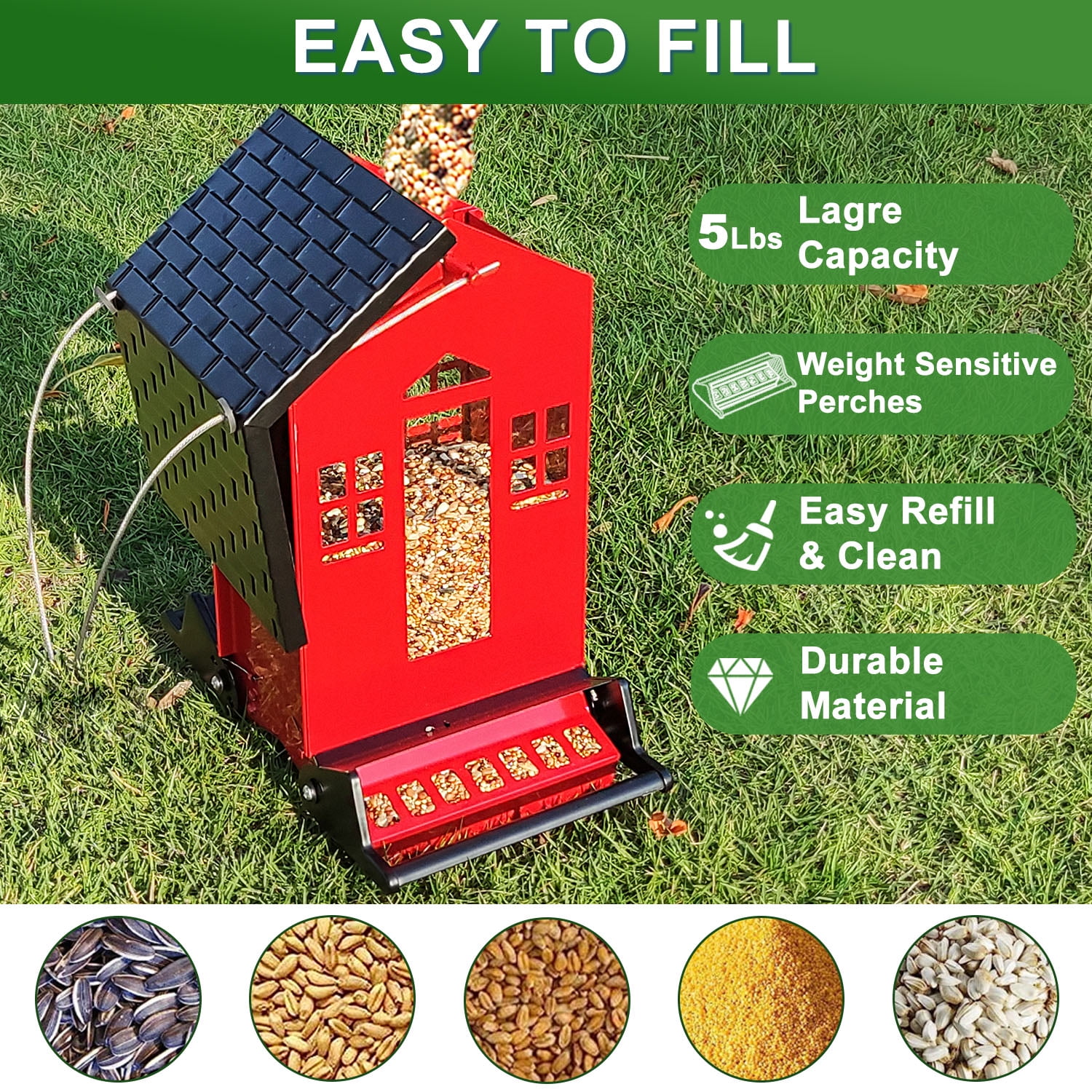 5lbs Squirrel Proof Bird Feeder, Red Metal Bird Seed Feeder for Outdoors Hanging Chew-Proof, Large Seed Capacity for Cardinal, Wild Bird, Finch, Sparrow, Blue Jay, Swallow, Parrot