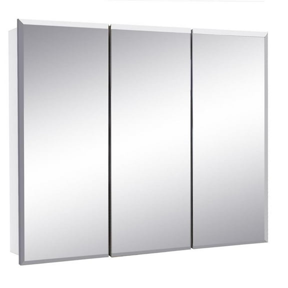 Pemberly Row White Medicine Cabinet Glass Mirror with 3 Frameless Mirrored Doors
