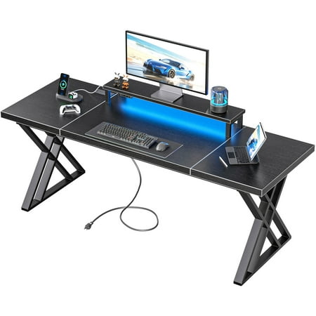 Executive Office Desk, Holaki 70.8" Large Farmhouse Wooden Office Desk with Desktop Stand and Charging Station, Study Writing Table Computer Desk Workstation for Home, Black