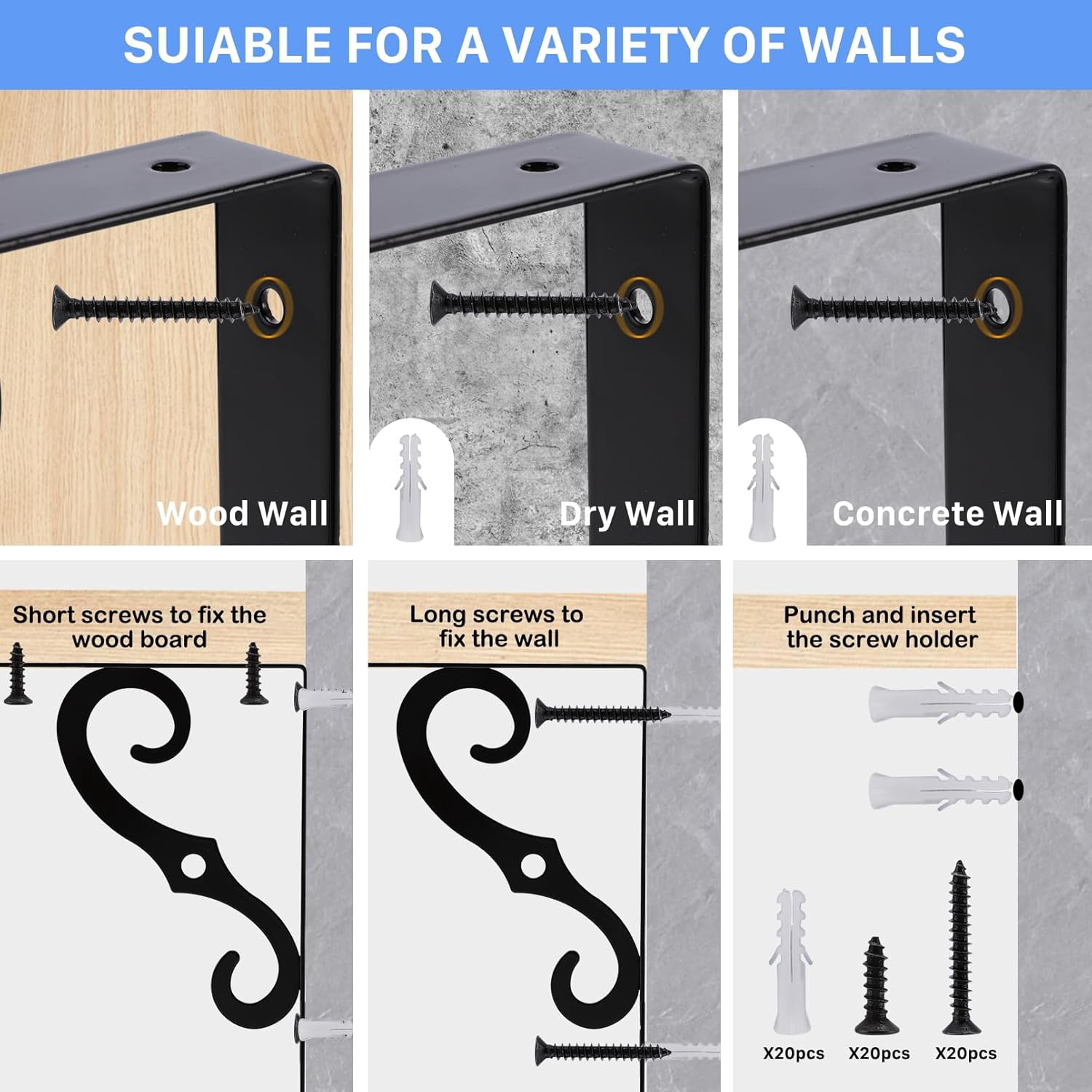10 Pack Decorative Shelf Brackets,7.4Inch Wall Mounted L Shape Shelf Bracket,Heavy Duty Shelf Brackets for Shelves,Metal Corner Brace Right Angle Bracket Shelf Support with Screws,Black
