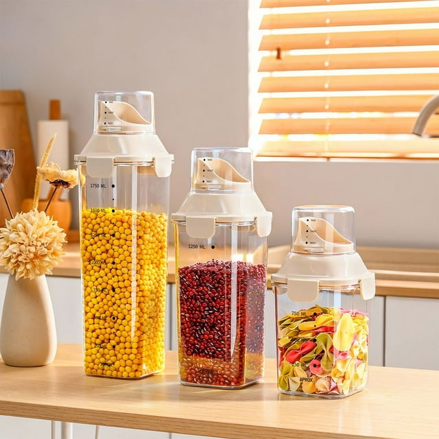 Fwttom Food Storage Containers with Lids, Transparent Kitchen Storage Containers with Measuring Cup, Plastic Food Organizationfor Kitchen Dry Goods