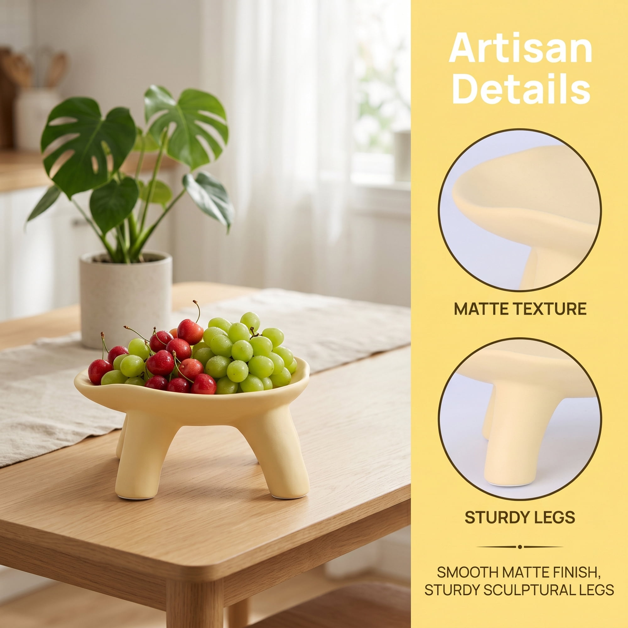 Unique Bargains Ceramic Pedestal Footed Jewelry Tray Bowl Light Yellow 8.1*8.1*3.9inch