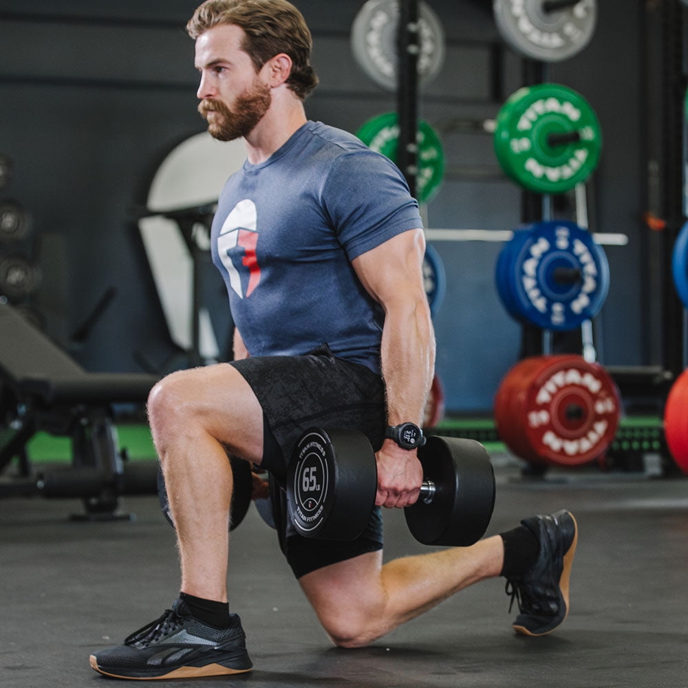 Titan Fitness 35 LB Set Round Urethane Dumbbells, Medium Volcano Knurling, 32mm Grip, Easy-to-Read Weight Indicators, Free Weights for Strength Training