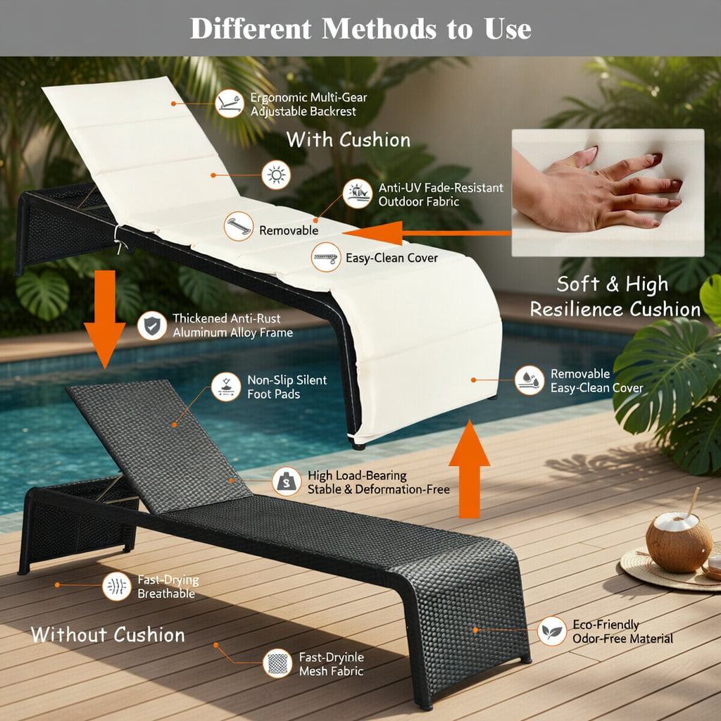 Hommoo Adjustable Outdoor Rattan Chaise Lounge Chair with Thick Cushion, PE Wicker Recliner for Patio, Pool, Balcony & Garden, White